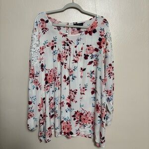 Lane Bryant Women's Shirt Blouse Floral Print Lace‎ White Red Roses Size 22/24